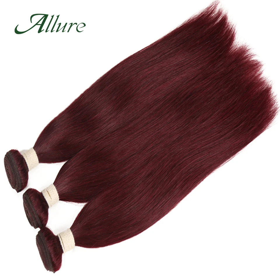 Extensiones de cabello humano liso 99J, mechones de cabello humano rojo vino, 12A, Remy, 1/3 piezas, Allure