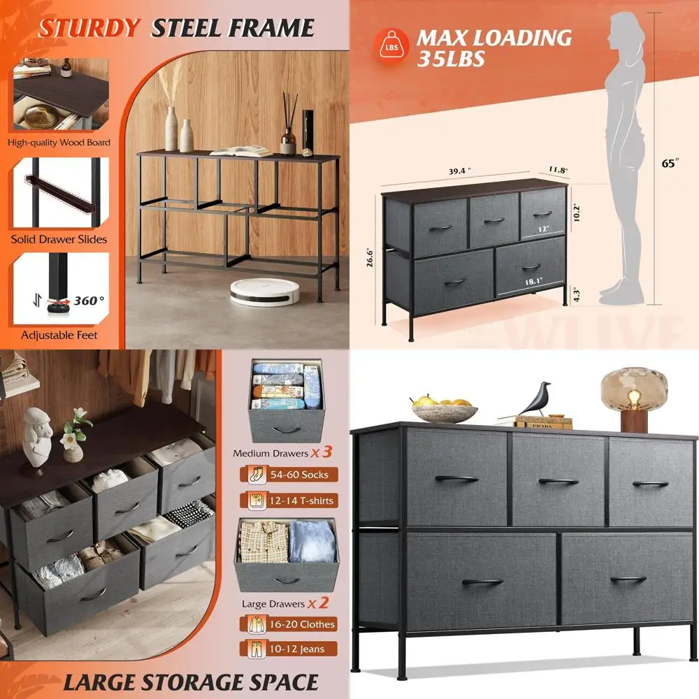 

Тумба-комод с 5 ящиками из ткани для спальни, гардеробной, прихожей - темно-серый, большой размер