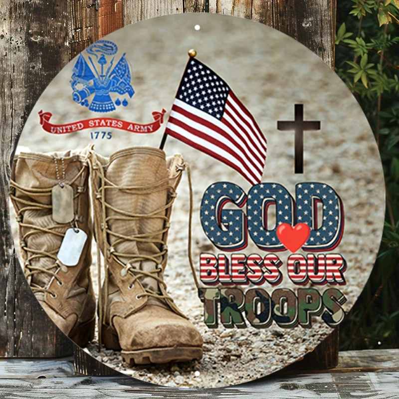

Aluminum Metal Wreath Sign, Durable and Stylish Door Decor, Round Shape Showcases, Patriotic Support, God Bless Our Troops