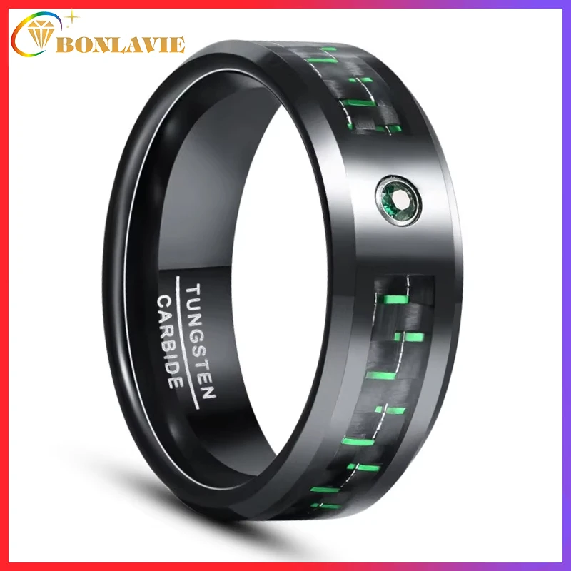 BONLAVIE Black Inlaid Blue Green Red Carbon Fiber Zircon Tungsten Carbide Wedding Rings For Men Beveled Edge Comfort Fit Jewelry