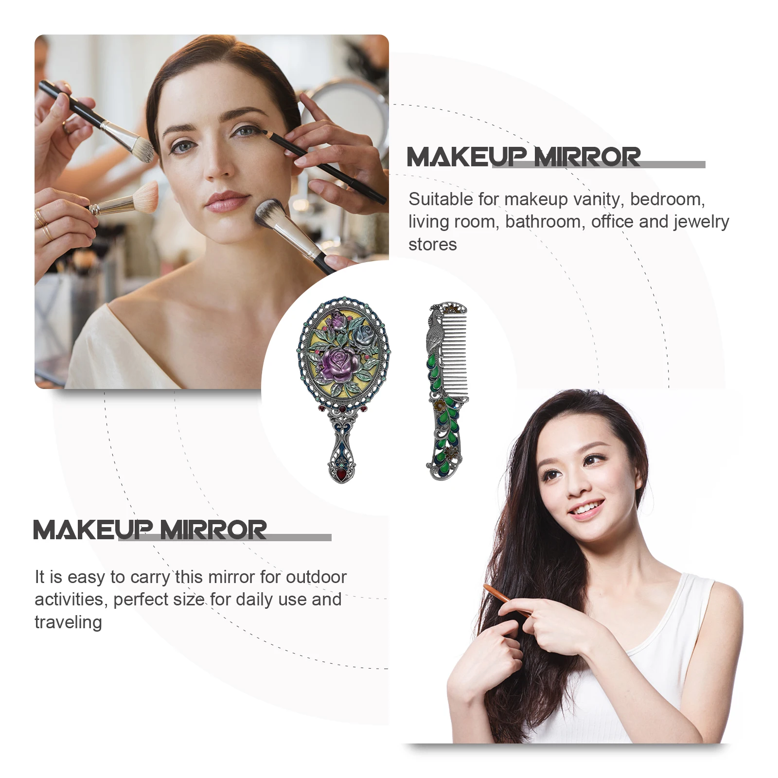 Retro spiegelhandvat Slijtvaste spiegels Klein reisbedrijf Draagbare badkamer Slaapkamer Kantoor