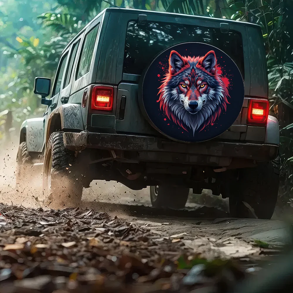 One Piece Of 2D Flat-Printed Car Tire Cover Featuring A Majestic Wolf Portrait With A Fiery Spirit, Made Of Polyester, Suitable view 6