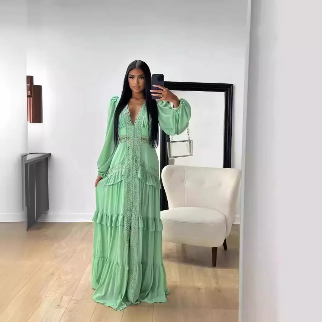 Elegante dames maxi-jurk ruches lange mouwen uitgehold avondjurken feest chic gewaad groen blauw paars nieuw in vakantie zomer