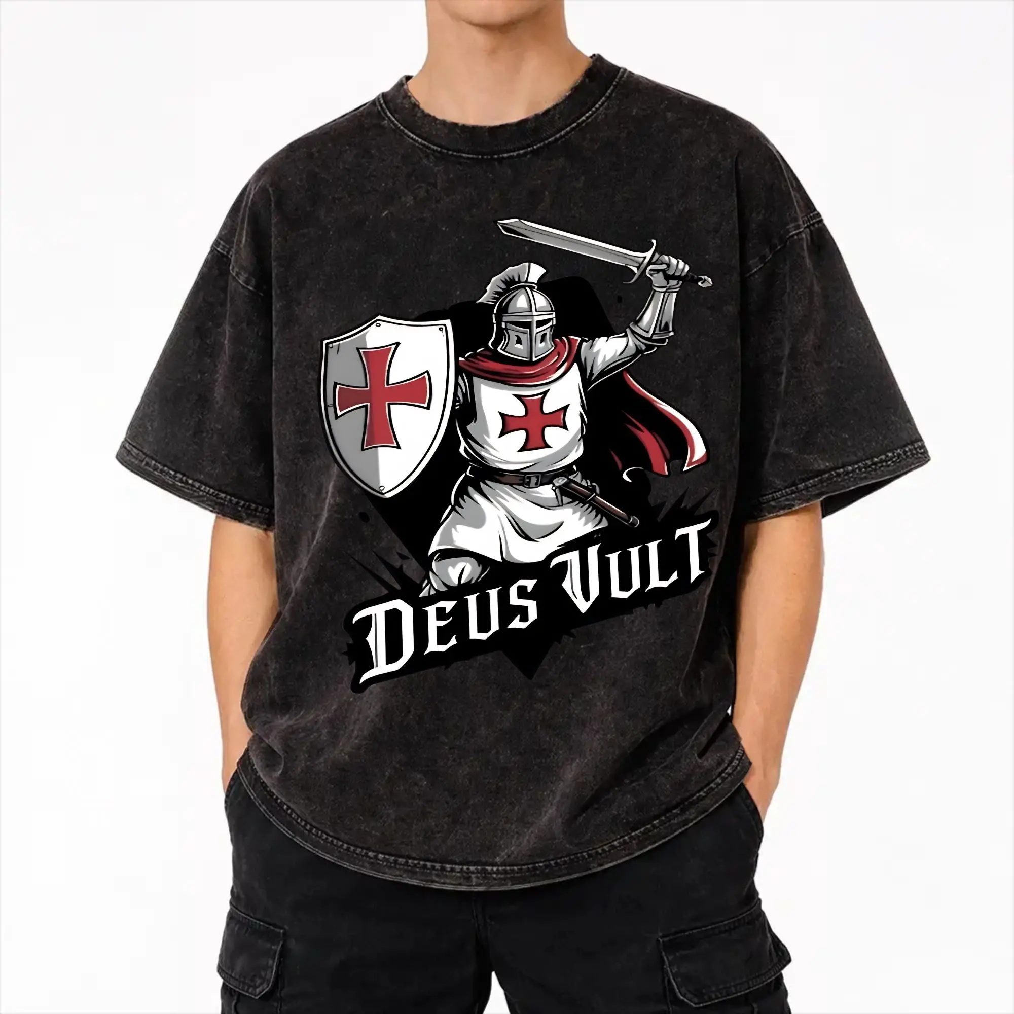 Harajuku Washed Shirt Deus Vult - The Templar Knight Apparel Novelty T-Shirts Oversize  Streetwear 100% Cotton Summer Tee Shirt