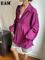 [EAM] Women Purple Perspective Big Size Thin Blouse New V-Neck Long Sleeve Shirt Fashion Tide Spring Autumn 2024 1DH5617