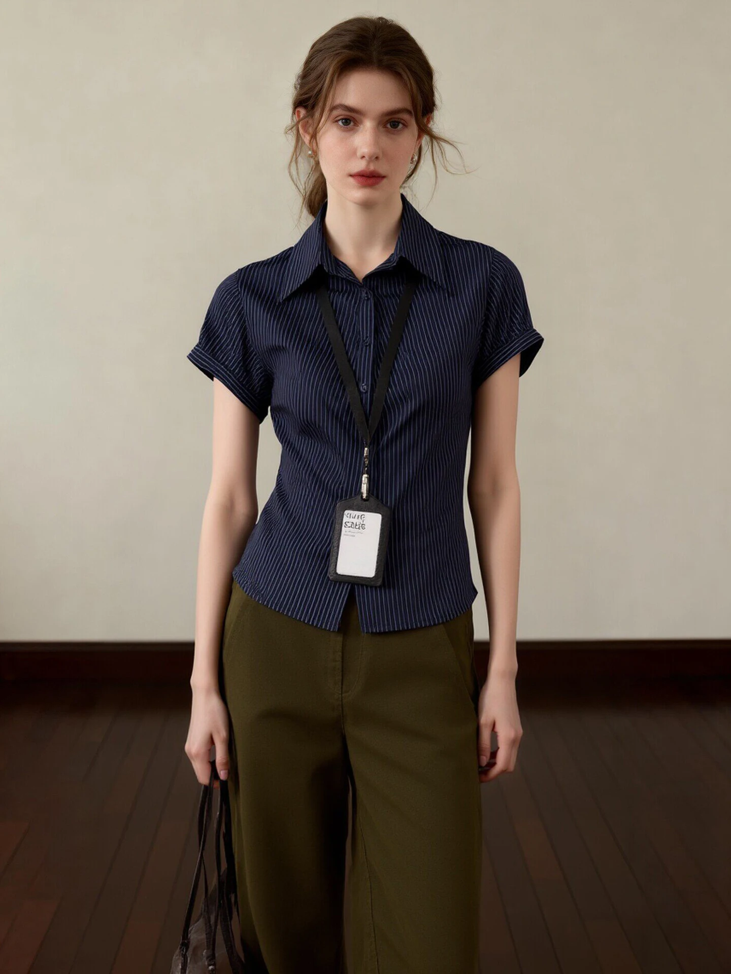 

Korean Style Slim Fit Neck Shirt Casual Versatile Summer Fashionable Small Top Striped Pattern Single Button Closure