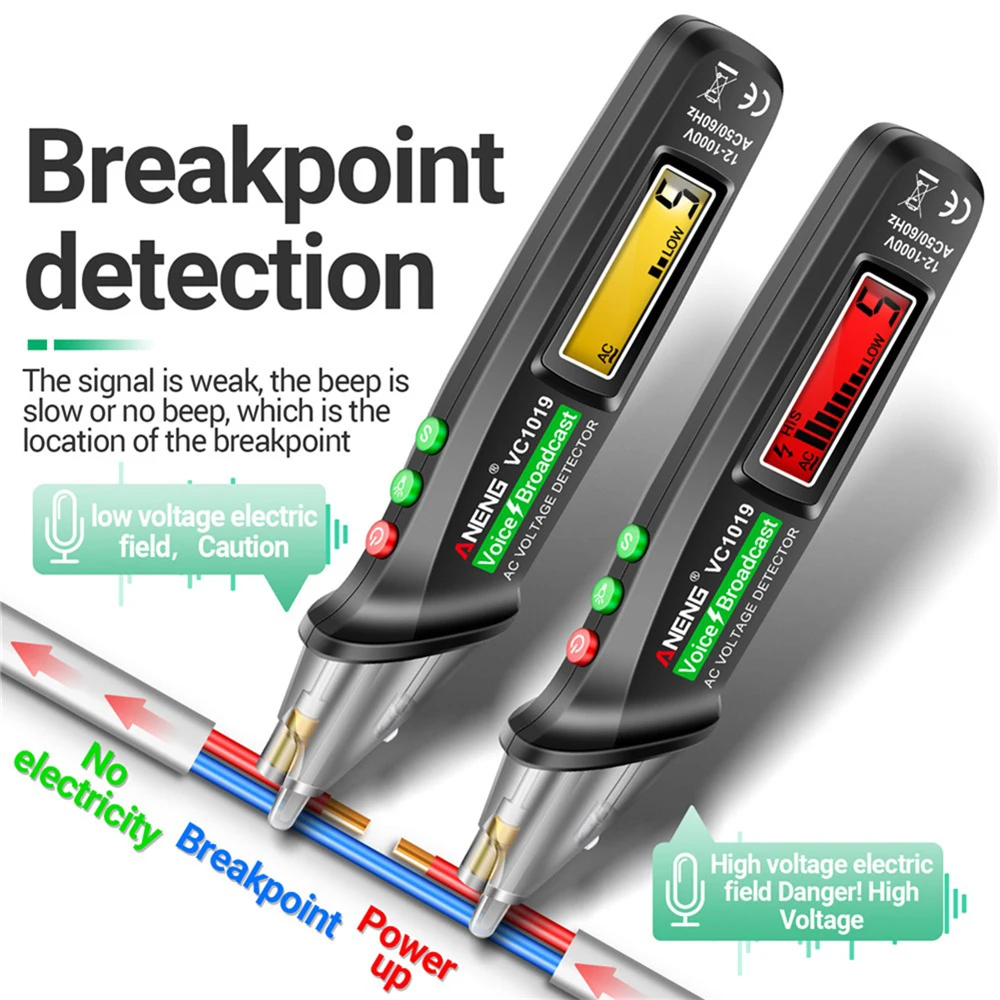 VC1019 Intelligent Voice Broadcast Tester Pen Voltage Detector 12-1000V Voltage Non-Contact Pen Electric Teste Meter Tool