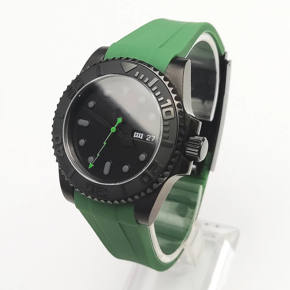 40mm Dress Mechanical Men\'s Automatic Watch Black PVD Case Sapphire Glass Japan NH36 Movement Rubber Strap Black Green