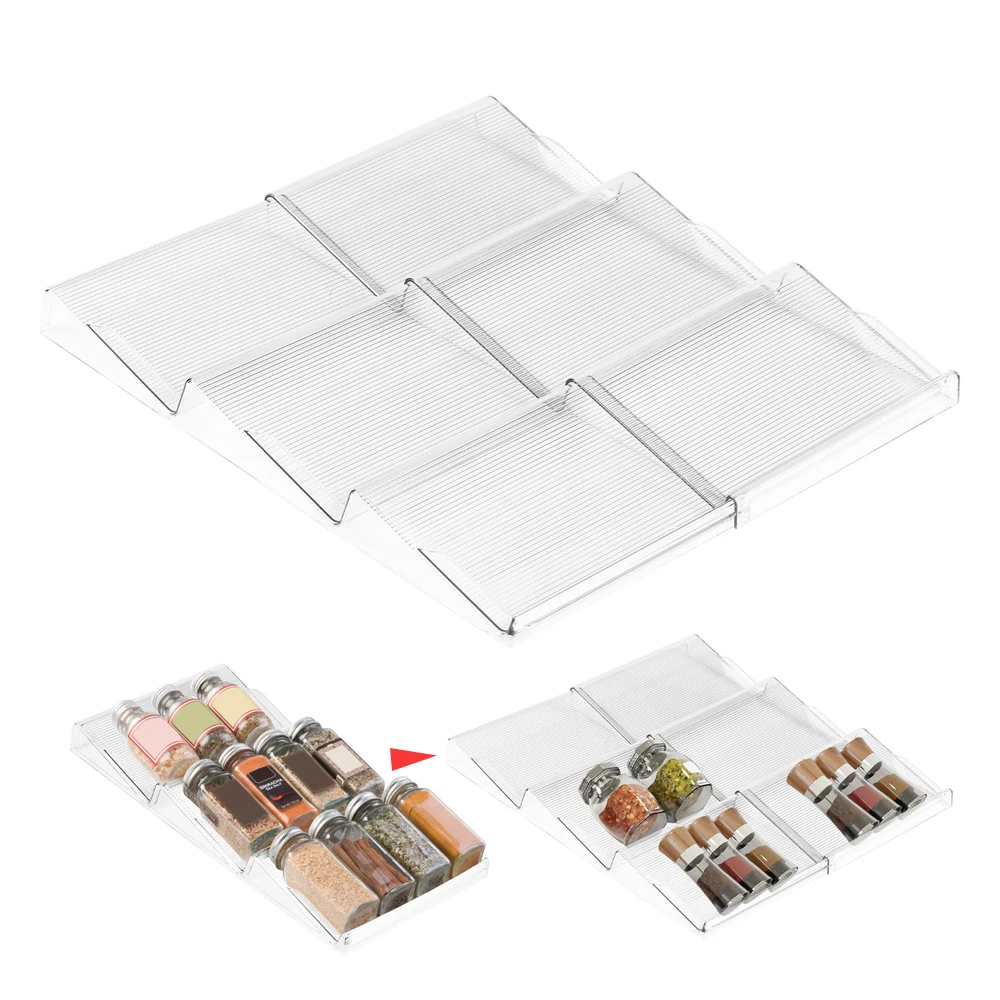 Teleskop-Gewürzschubladenregal mit 3 Fliesen, großes Fassungsvermögen, Acryl-Aufbewahrungstablett für die Küche, vielseitiger Schubladen-Organizer für das Denken von Glas