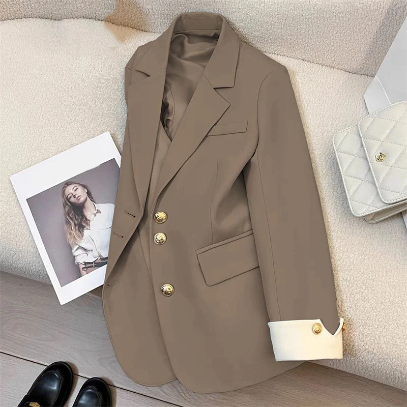 Office Lady Patchwork Long Sleeve Blazer 2026 Fashion Single Breasted Slim Suit Jackets Women Turn Down Collar Stylish Coats