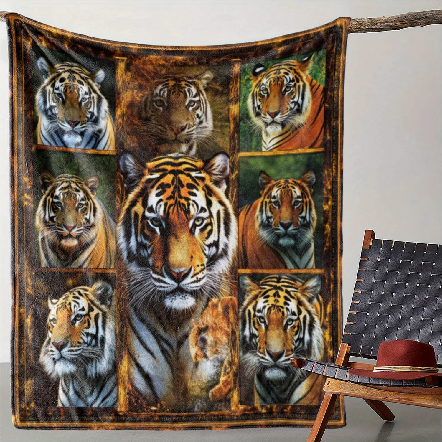 Multi Tiger Face Grid Retro Distressed Border Wildlife Fleece Blanket Nature Cover for Living Room Household Home Decoration