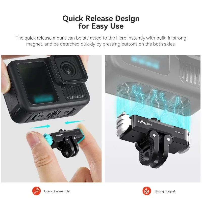 حامل مغناطيسي سريع الإصدار من AMagisn لـ GoPro Hero 13 باللون الأسود، مع فتحة لولبية 1/4 بوصة وحامل ثنائي الشق، ملحقات لـ Gopro 13