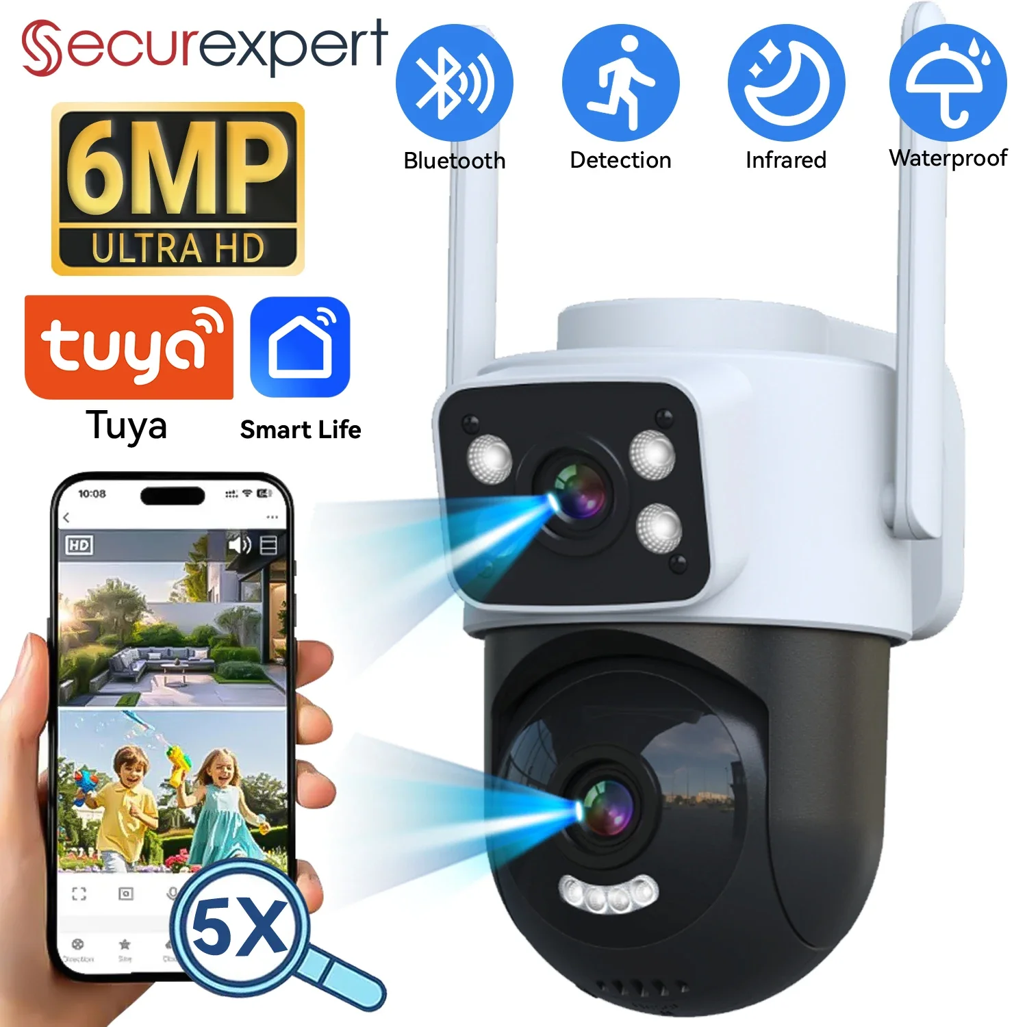 Securexpert 6MP Dual Lens WiFi Security Camera PTZ Outdoor 3MP Wireless Auto Tracking Monitoring Video Surveillance Tuya APP