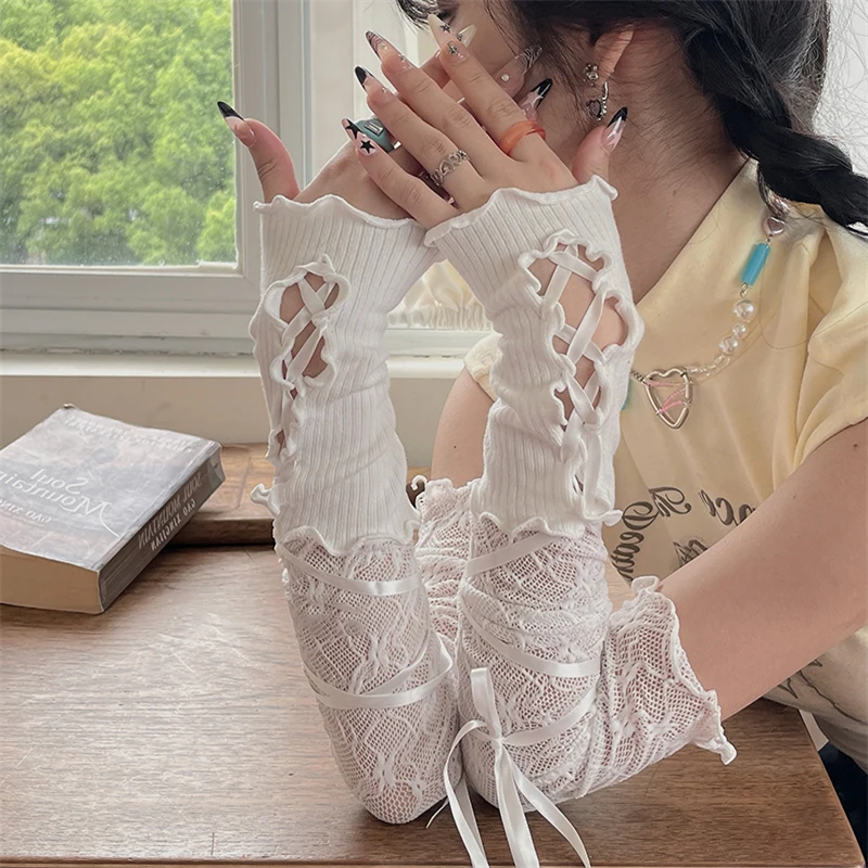 Lolita Strapping Lace Fingerless Hot Sexy Arm Sleeves DIY Lace-up Sunscreen Gloves Elastic Mesh Punk Gloves Clothing Accessories