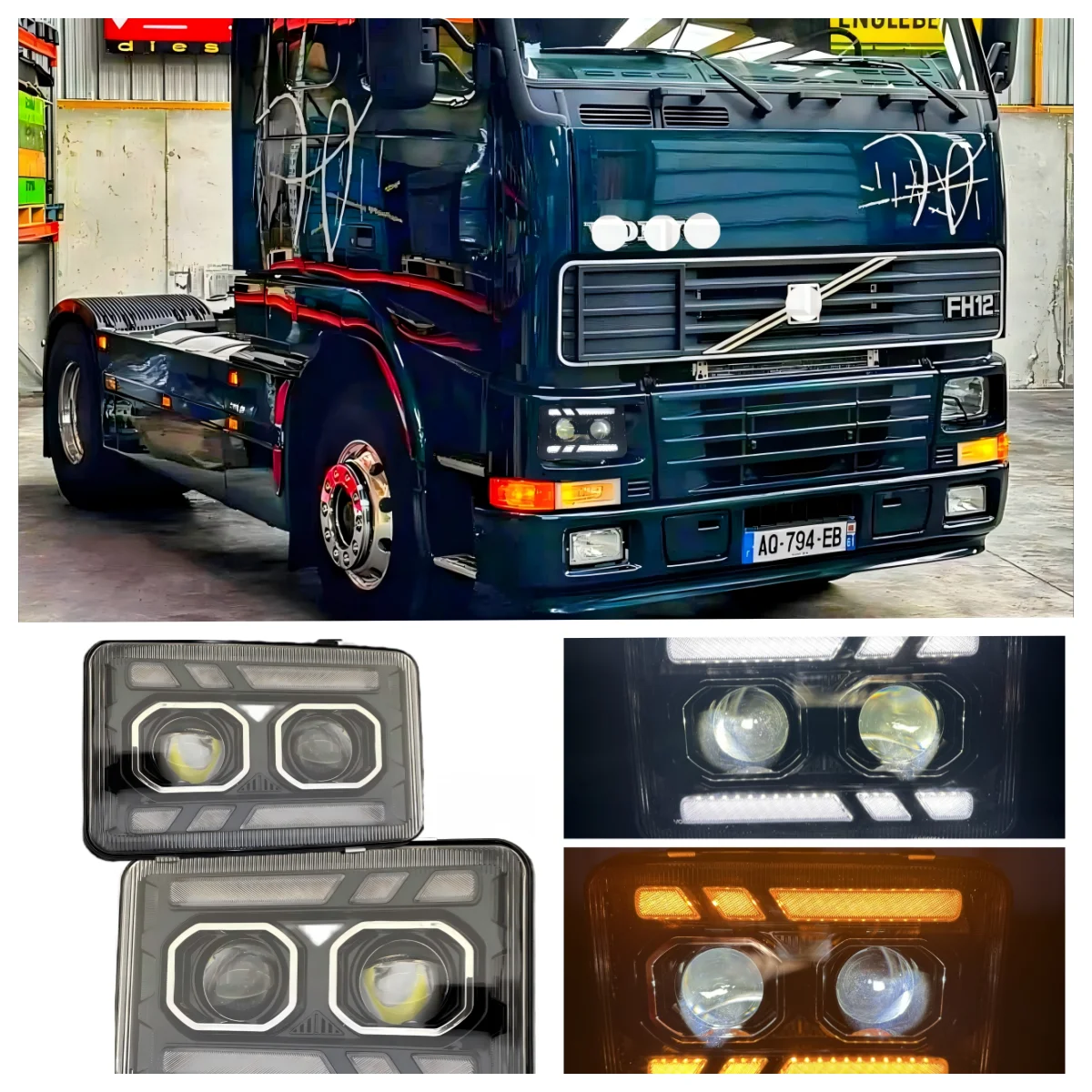 1pcs 24V LED Headlights for Volvo FH12 FM10 FM12 FH16 Truck | DRL+Turn Signal Integrated | IP67 Waterproof | E-mark Certified