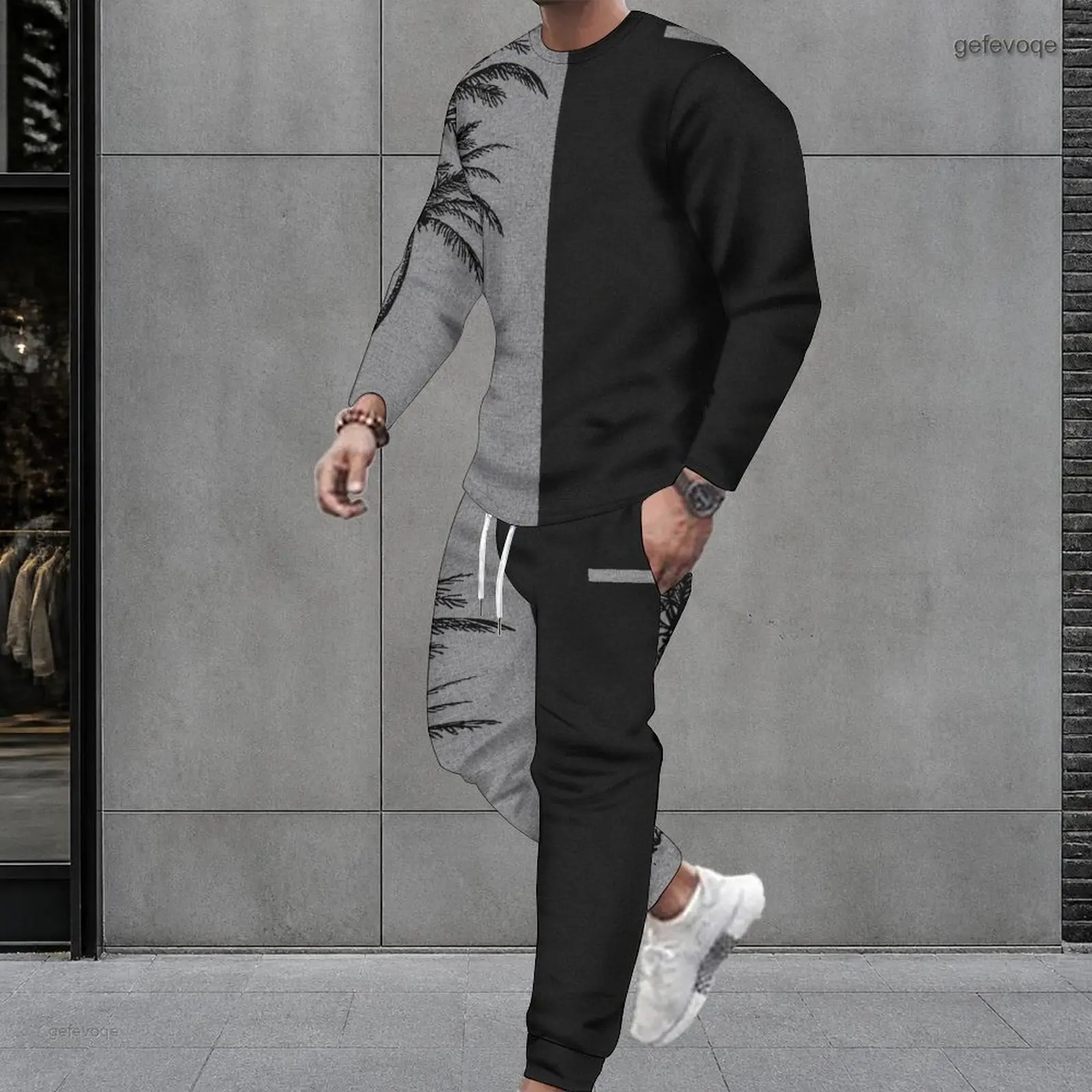 Men Black Gray Palm Tree Printed Color Block Round Neck Long Sleeve Top And Cuffed Pants Two Piece Set