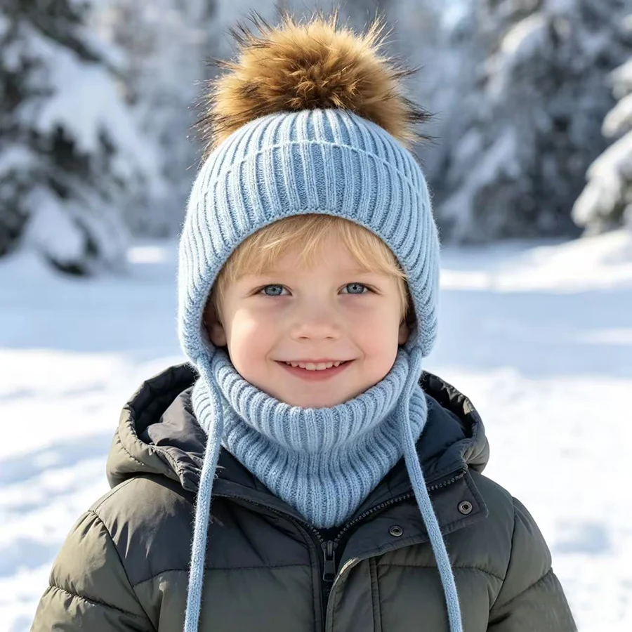 Winter-Wollmütze mit Nackenschutz 2-teiliges Set Echte Fuchsfell-Mütze für Kinder Jungen Mädchen Dicke Fleece Warme Gestrickte Gestreifte Ohrenklappe Baby Skullies Mütze – Detail 4