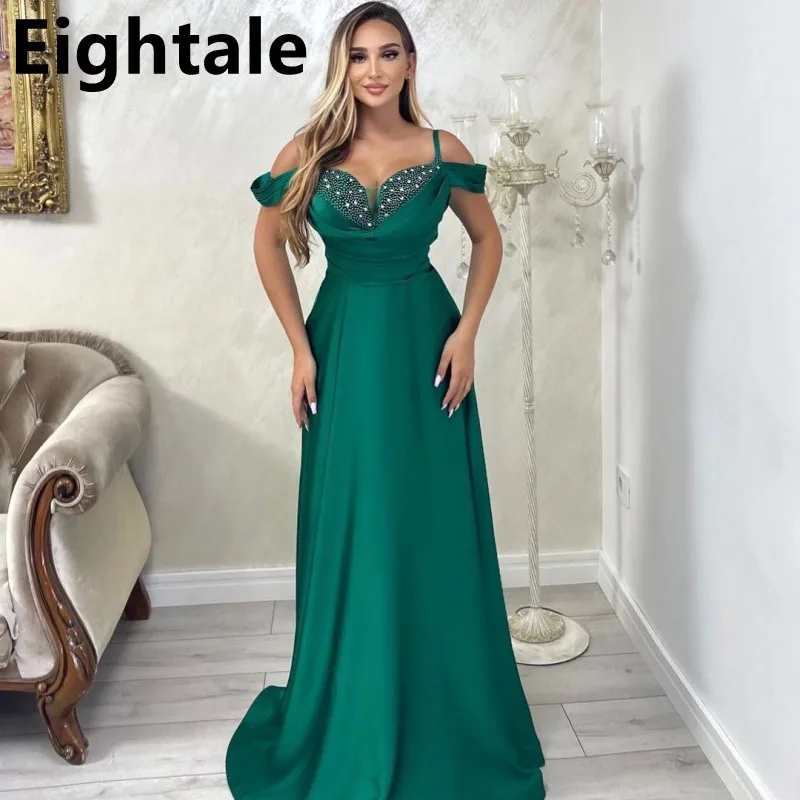 

Green A Line Satin Evening Dresses For Wedding Party 2025 Off Shoulder Prom Dress Arabic Party Gown Robe Soirée Femme