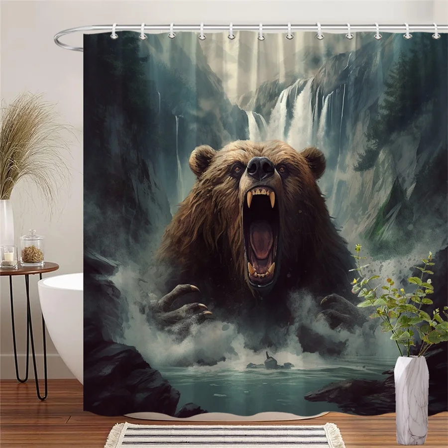 

1pc Fierce Bear Emerging from Water Shower Curtain, Polyester Bath Decor with Misty Waterfall & Forest Scene, Machine Washable,