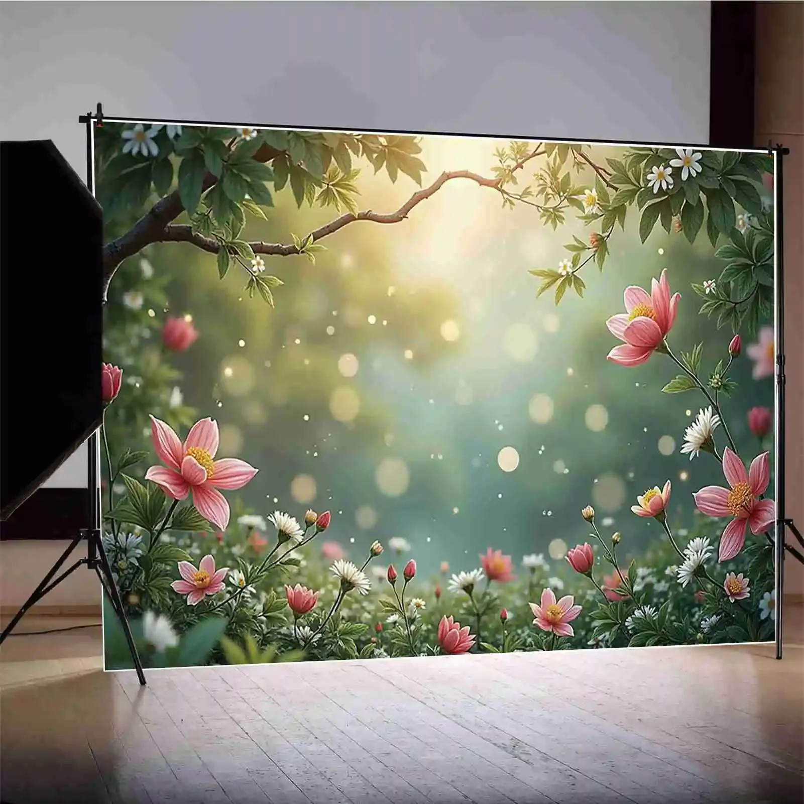 MOON.QG Fairy Spring Green Pink Bokeh Photography Background Floral Garden Flower Backdrop Children Studio Photozone Accessories