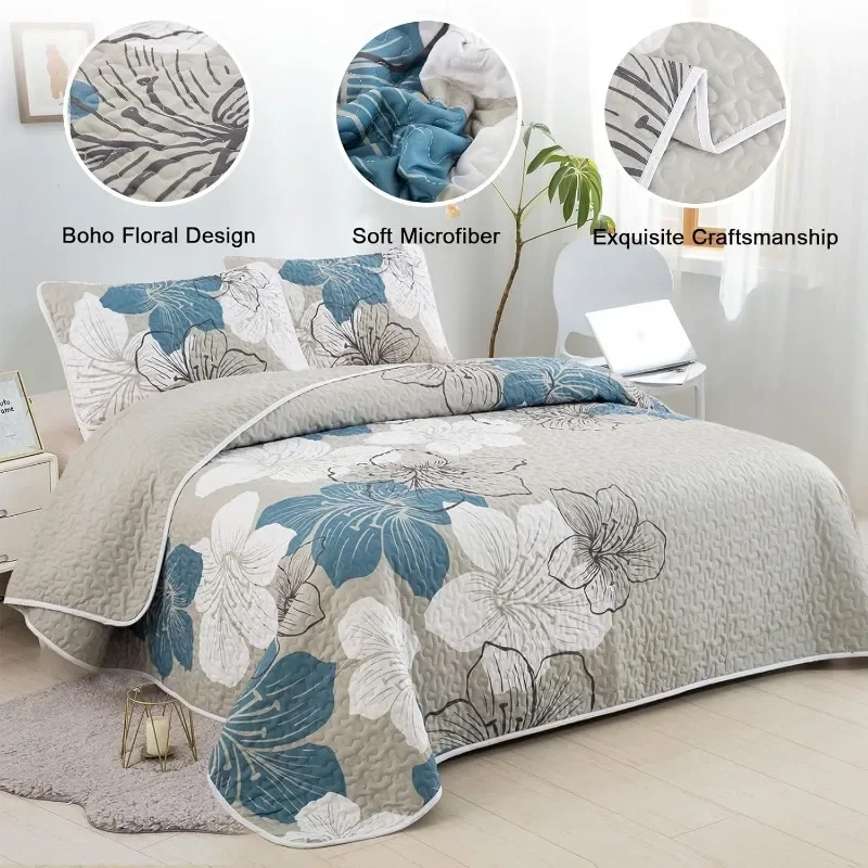 Floral Quilt Set King 3 Pieces,Boho Blue Floral Quilt Coverlet Set Lightweight Grey Quilted Bedspread for All Season