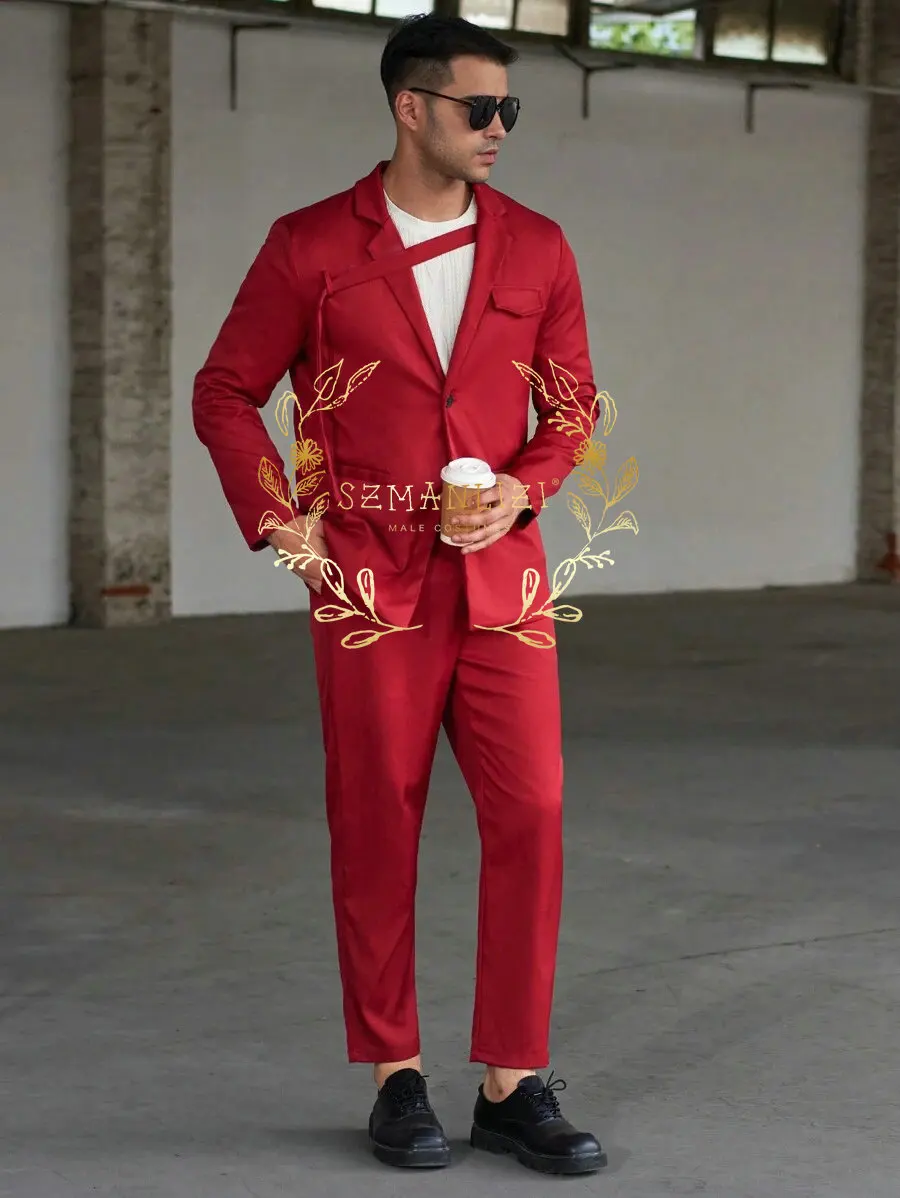 Fashionable Casual Men's Suits Red Tuxedo Notched Lapel Blazer Sets Customized Formal Wear Prom Evenings Dinner Party Suits
