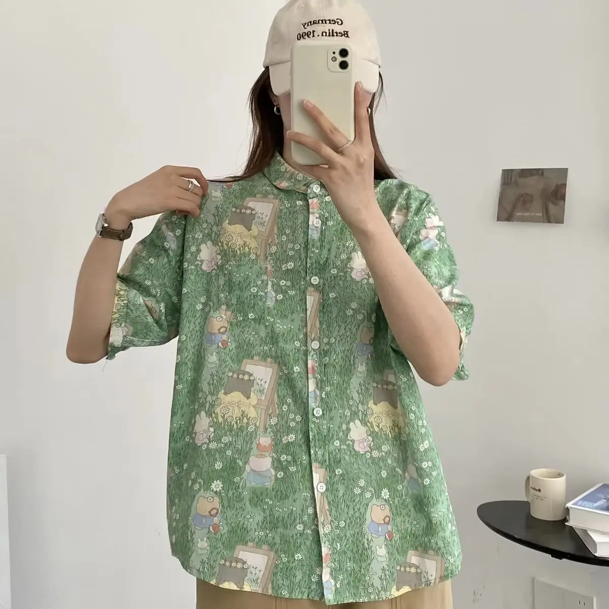 Japanese 2000s style y2k shirts and blouses for women summer vintage cotton short sleeve green cartoon forest printed shirts