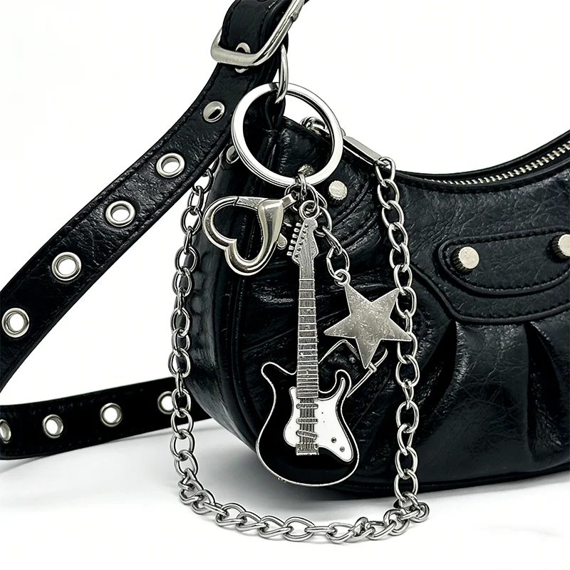 Matching Electric Guitar Keychain Set, Black White Star Heart Charm for Couple, Punk Rock Music Lover Keyring for Bag Car Key