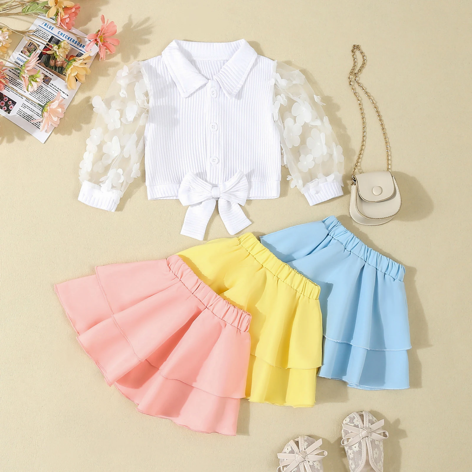 1-5Y Kids Girl 2 Piece Outfit Mesh Long Sleeve Ribbed Flower Shirt Elastic Waist Cake Skirt Set Cute Children's Sets