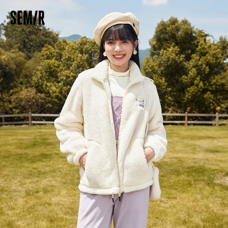 Semir Outerwear Jacket Women Plush Stand Collar Embroidery Simple Wind 2022 Winter New Warm Sweet Knit Jacket Women