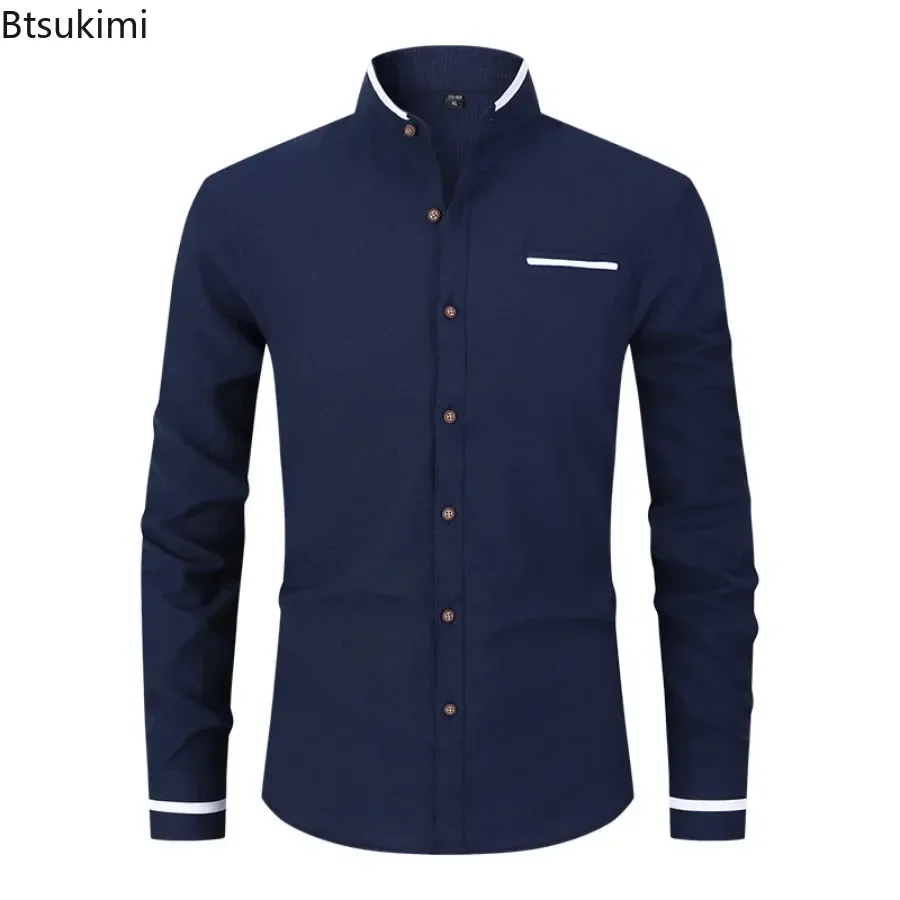 2025 Men's Office Business Shirts Solid Color Blocking Design Stand Collar Slim Long Sleeve Dress Shirt Male Social Basic Shirt