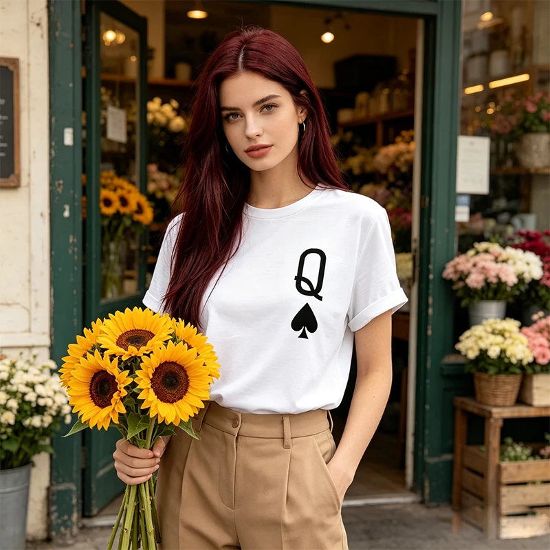 

Fashion Summer Ladie's Clothing Letter Q Print T-shirt Casual Simple White Round Neck Short Sleeve Y2K Hip Hop Street Luxury Top