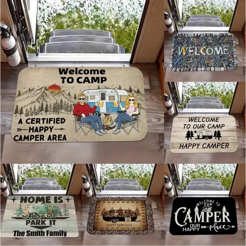 VIKAMA Happy Camper Doormat, Outdoor Themed Welcome Rug for Caravan, Porch & Entryway, Printed Camping Decor Mat
