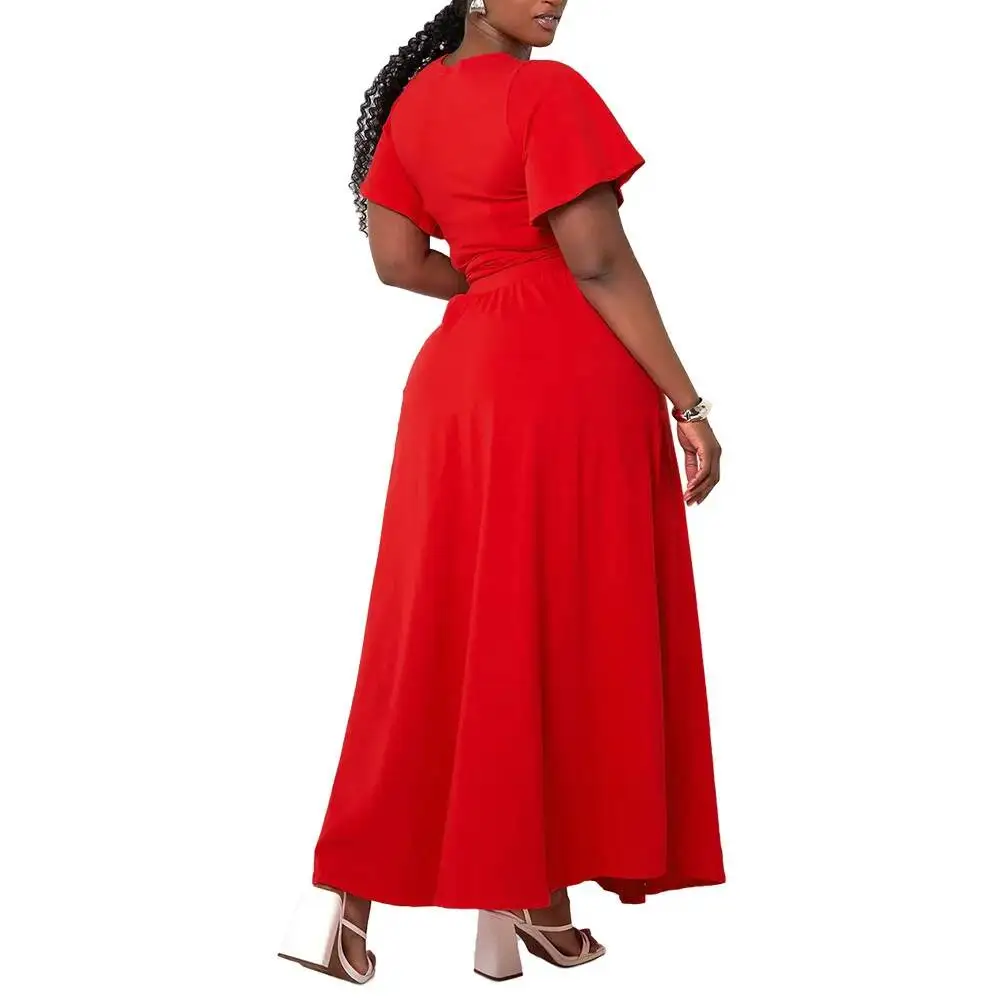 

N8078 Spring/summer Women's 2025 New Collection Solid Color Horn Sleeve V-neck Split Two Piece Set