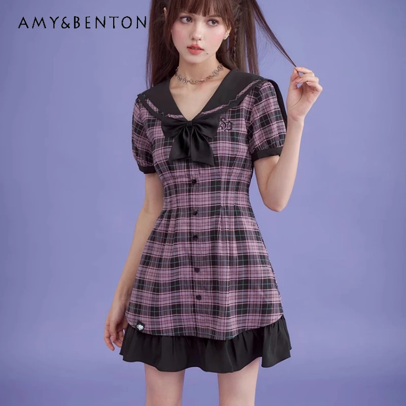 

2024 New Unique Sweet Cool Dresses Hot Girl Pink and Black Plaid Sailor Collar Bow Short Sleeved Slim Fit Dress Ruffled Vestidos