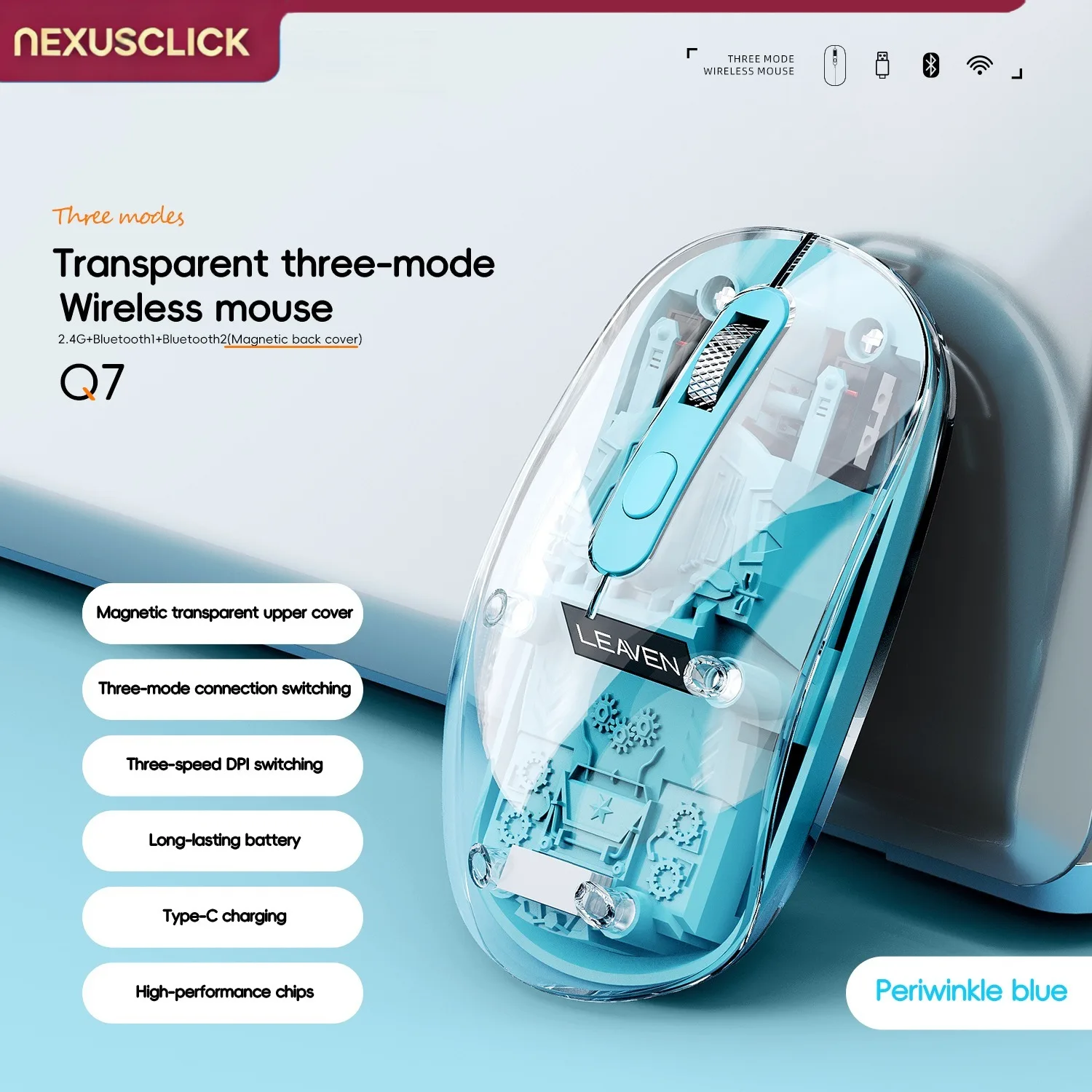 NexusClick Transparent Rechargeable Silent Wireless Gaming Mouse, 3 Adjustable DPI 3 Mode Computer Mice Type-C Charging for iPad