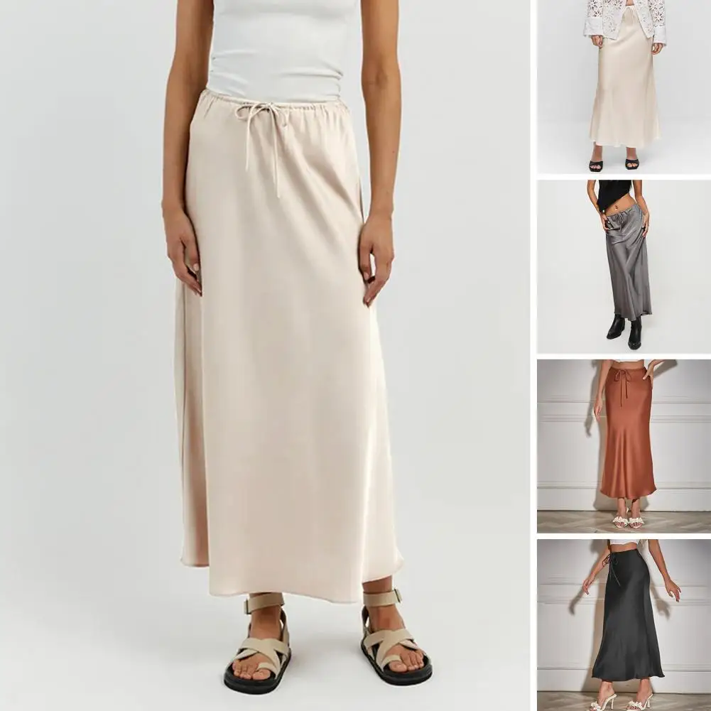 Chic Tight-fitting Skirt Elegant Silky Satin High Waist Maxi Skirt for Women Drawstring Elastic Ankle Length A-line Skirt Soft