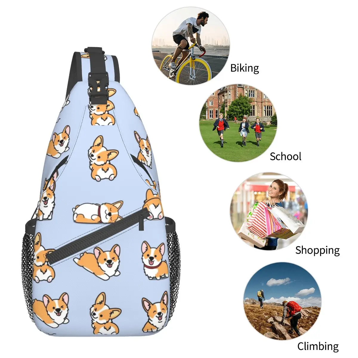 Kawaii Corgi torba typu Crossbody Sling Bag casualowa torba noszona na klatce piersiowej uroczy plecak plecak na ramię zwierząt na wycieczkę rowerową