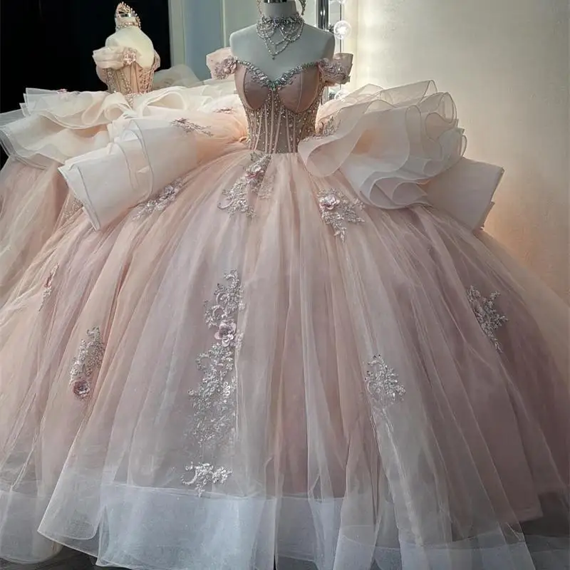 

Customized Pink Off Shoulder 3D Flower Quinceanera Dresses Ball Gown Bead Appliques Birthday Dress Tiered Ruffles Gown