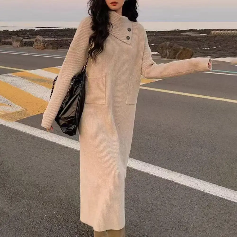 Elastic Knit Dress Women Sweater Dresses Elegant Korean Style Women's Sweater Dress with Pockets for Life Work for Autumn