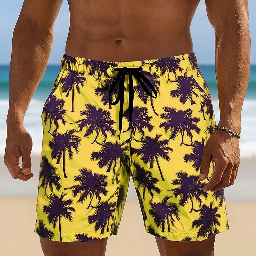 Men's Tropical Print Hawaiian Swim Shorts, Coconut Tree Pattern, Mid Waist Drawstring Board Shorts for Spring & Summer