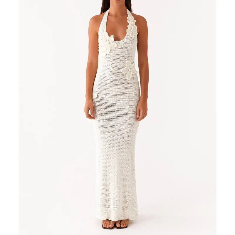 Combhasaki Women Lace-up Halter Round Neck Sleeveless 3D Flower Decor Knit Hollow Out Bodycon Backless Straight Tank Long Dress