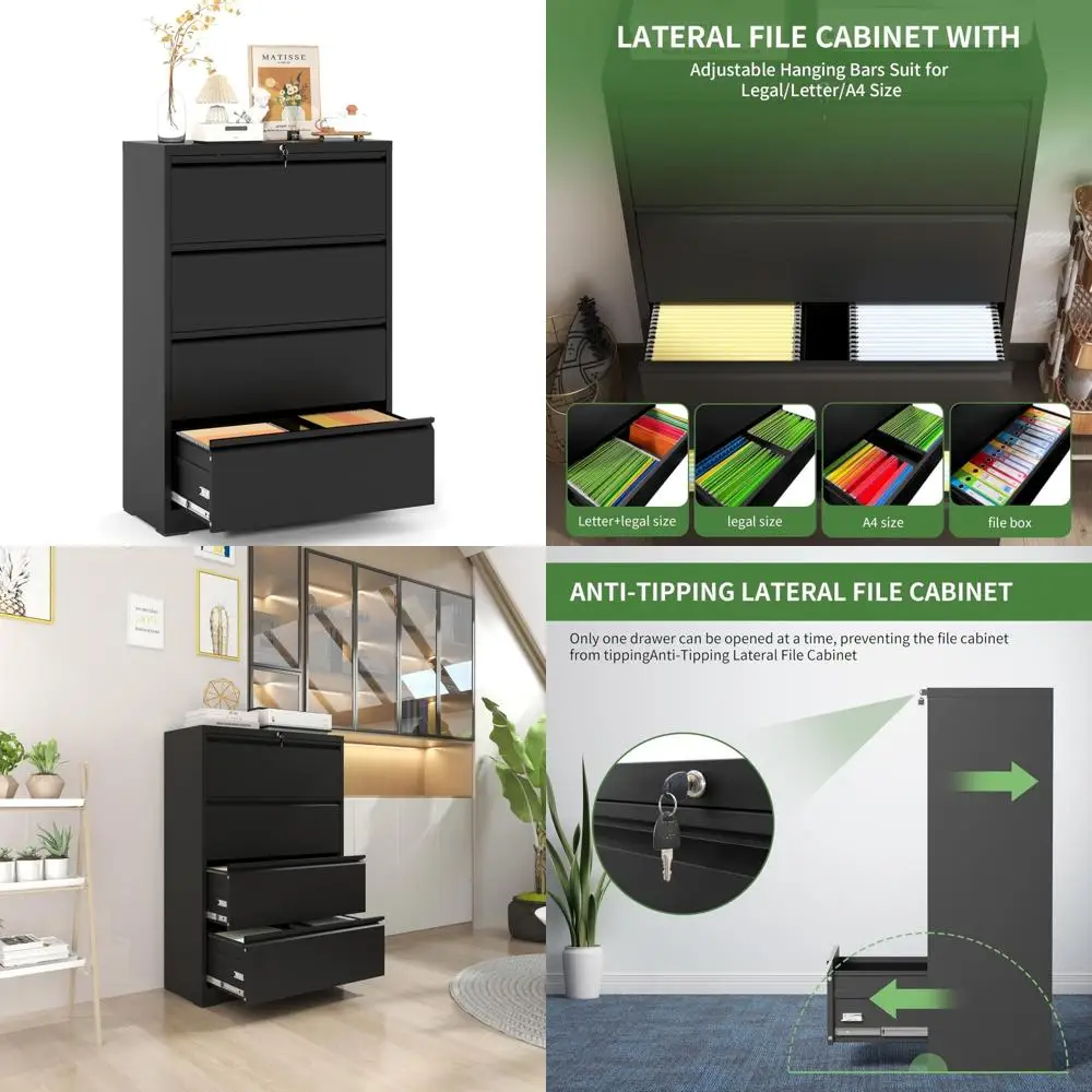 Secure 4-Drawer Metal File Cabinet for Home Office, Letter/Legal/F4/A4 Hanging Files Storage Solution