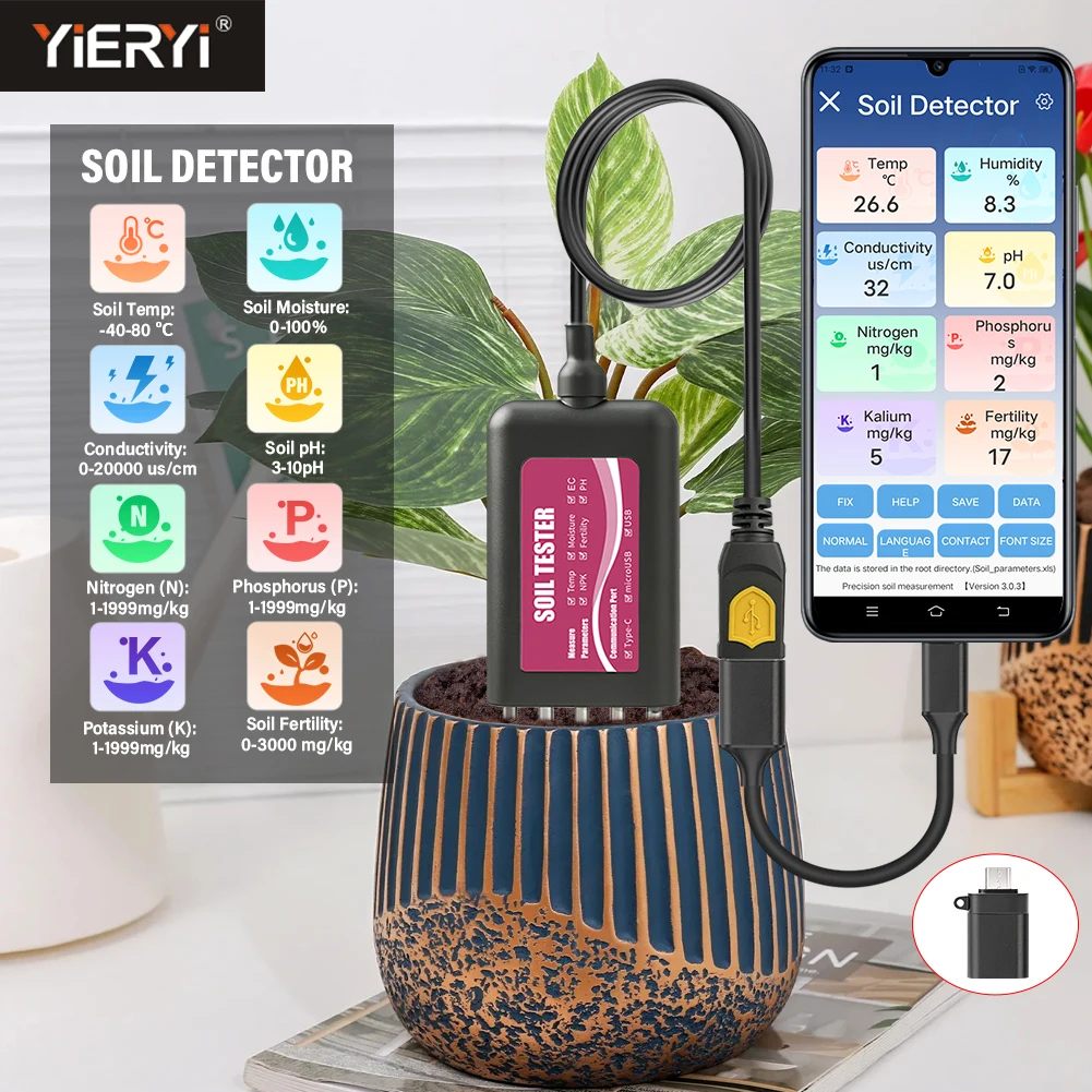 Yieryi 8-in-1 Soil Meter NPK PH Sensor APP Real-time Data Record Logger EC Temp Moisture Fertility Tester for Garden Greenhouse