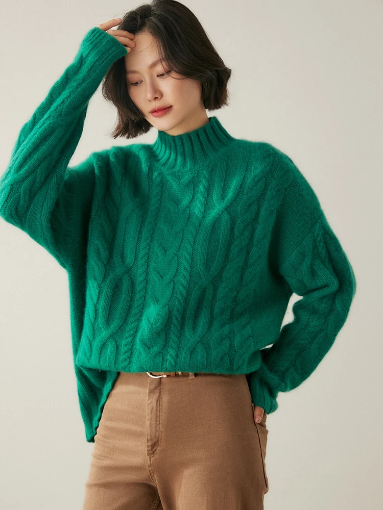 Heavyweight Women 100% Cashmere Sweater Mock Neck Pullover Cable Knitting Vintage Loose Style Cashmere Knitwear Autumn Winter