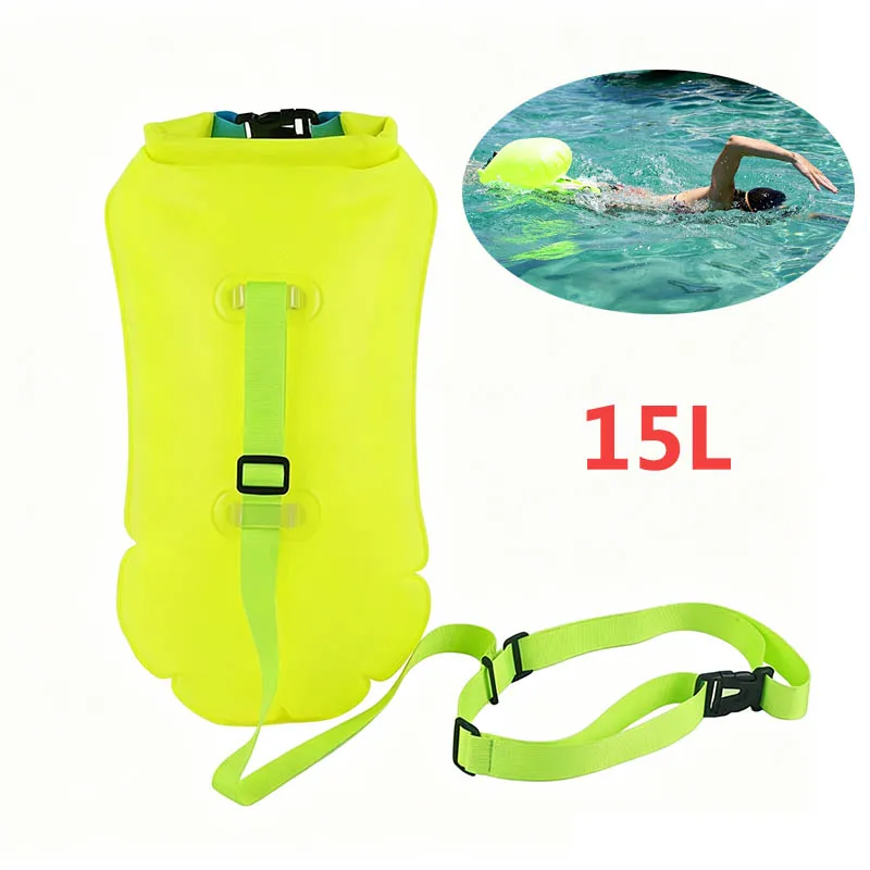 15L Waterproof Inflatable Swim Buoy Dry Bag Air Storage Bags With Waist Strap For Open Water Sport Paddling Boating Rafting Camp