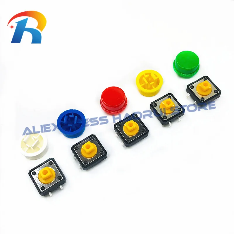 25Pcs Tactile Push Button Switch Momentary 12*12*7.3MM Micro switch button + 25PCS Tact Cap(5 colors) for Arduino Switch