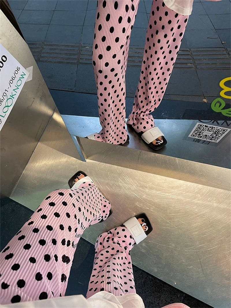 Calças Largas Finas de Verão para Mulheres, Cintura Alta, Estilo Solto com Estampa de Poá, Crimento até o Chão, Textura co...