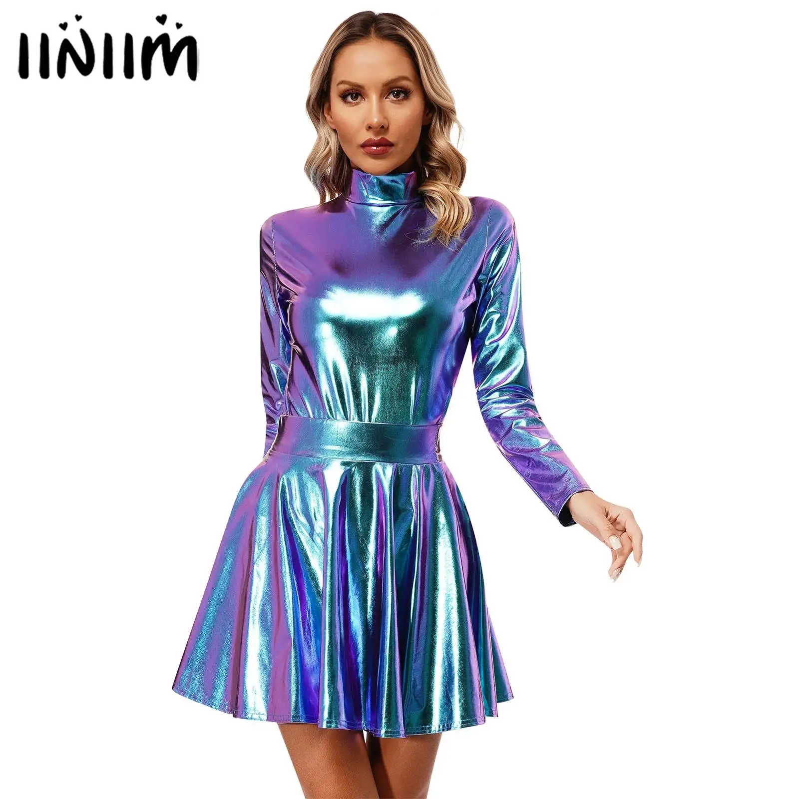 Womens Shiny Glossy Club Dress Long Sleeve Turtleneck Zipper Leotard with High Waist Flare Skirt for Rave Party Pole Dancing