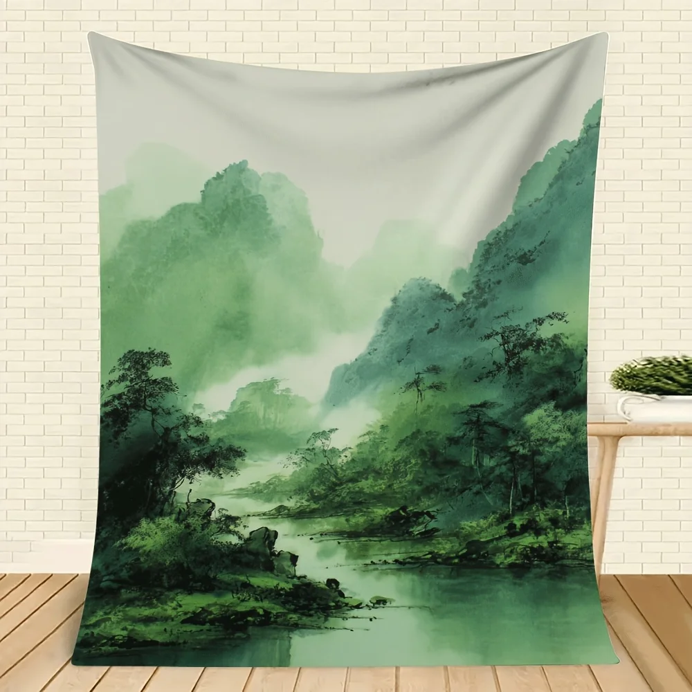 

1pc Ultra-Soft Flannel Blanket with Serene Forest & Waterfall Design - All-Season Warmth, Machine Washab